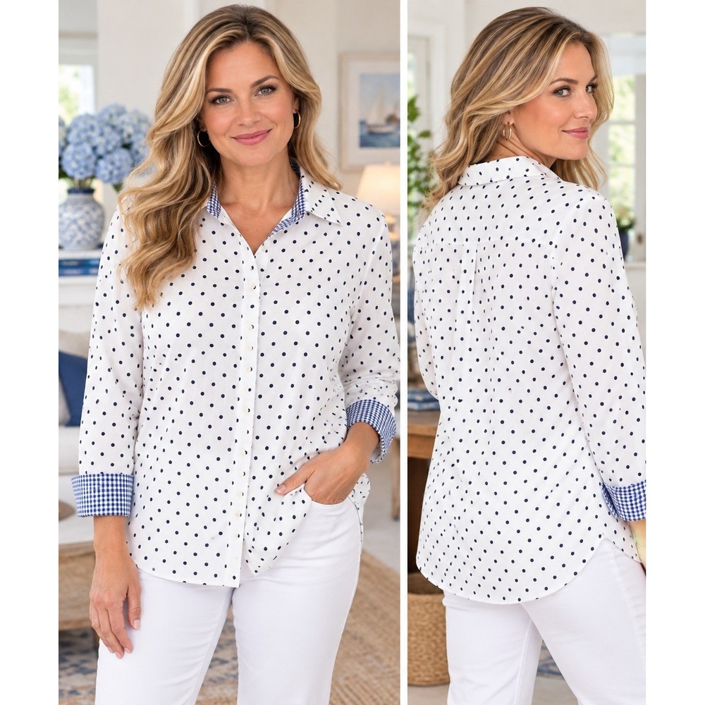 Chaps 2X No Iron Button Up Polka Dot Gingham Shirt Preppy flip cuff Cotton - Picture 15 of 15